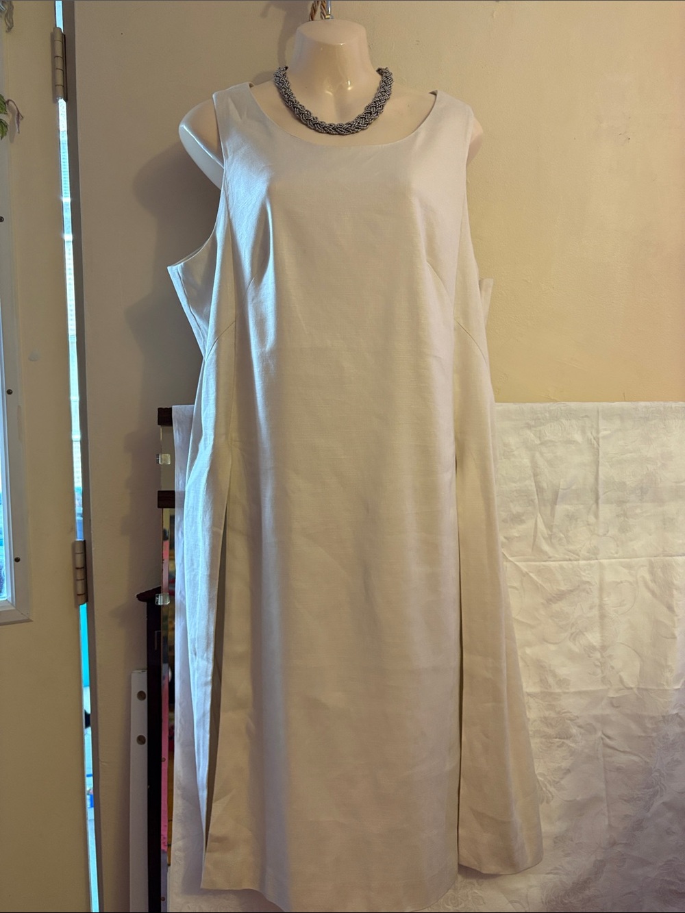 Minimalist Cream Midi Dress - Sleeveless A-Line. Linen. Viscose